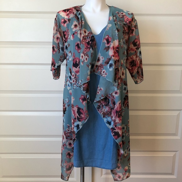 Blue and Pink Floral Open Sweater - Picture 1 of 8